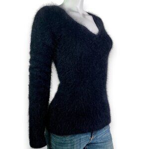 Vintage Banana Republic Angora Lambswool Sweater Medium Black V-Neck Fuzzy Women